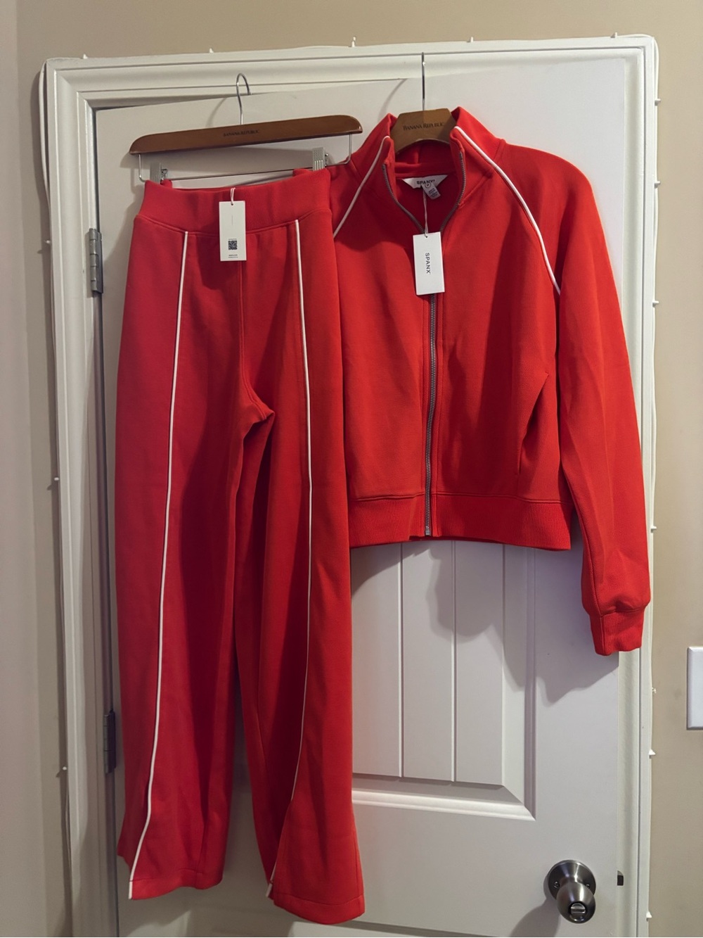 SPANX Red Track Jacket and Joggers with White Piping